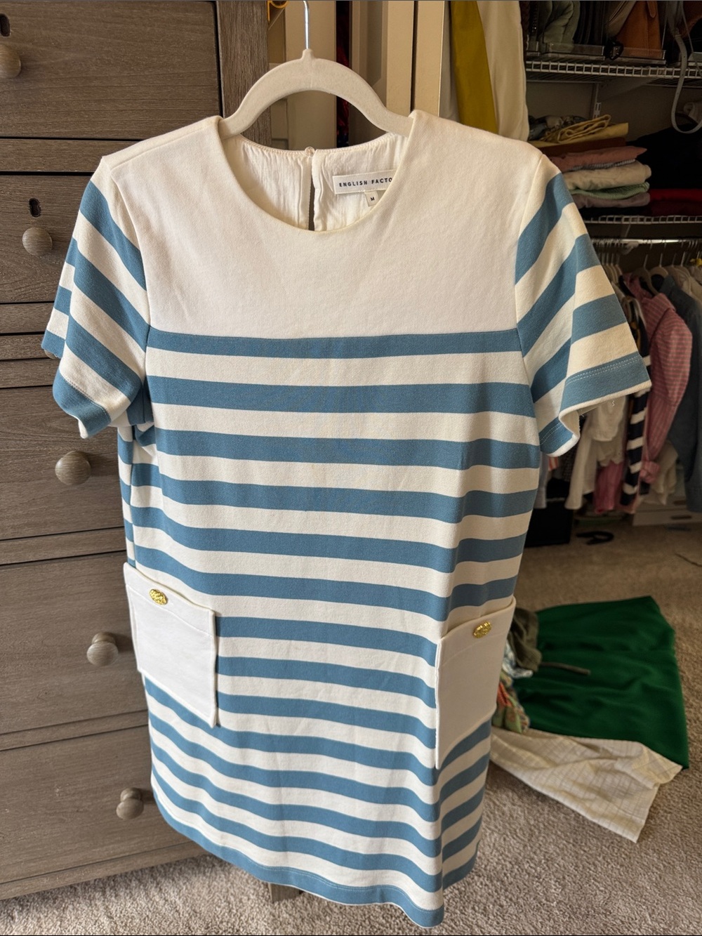 English Factory Blue and White Striped Pocket Shift Dress